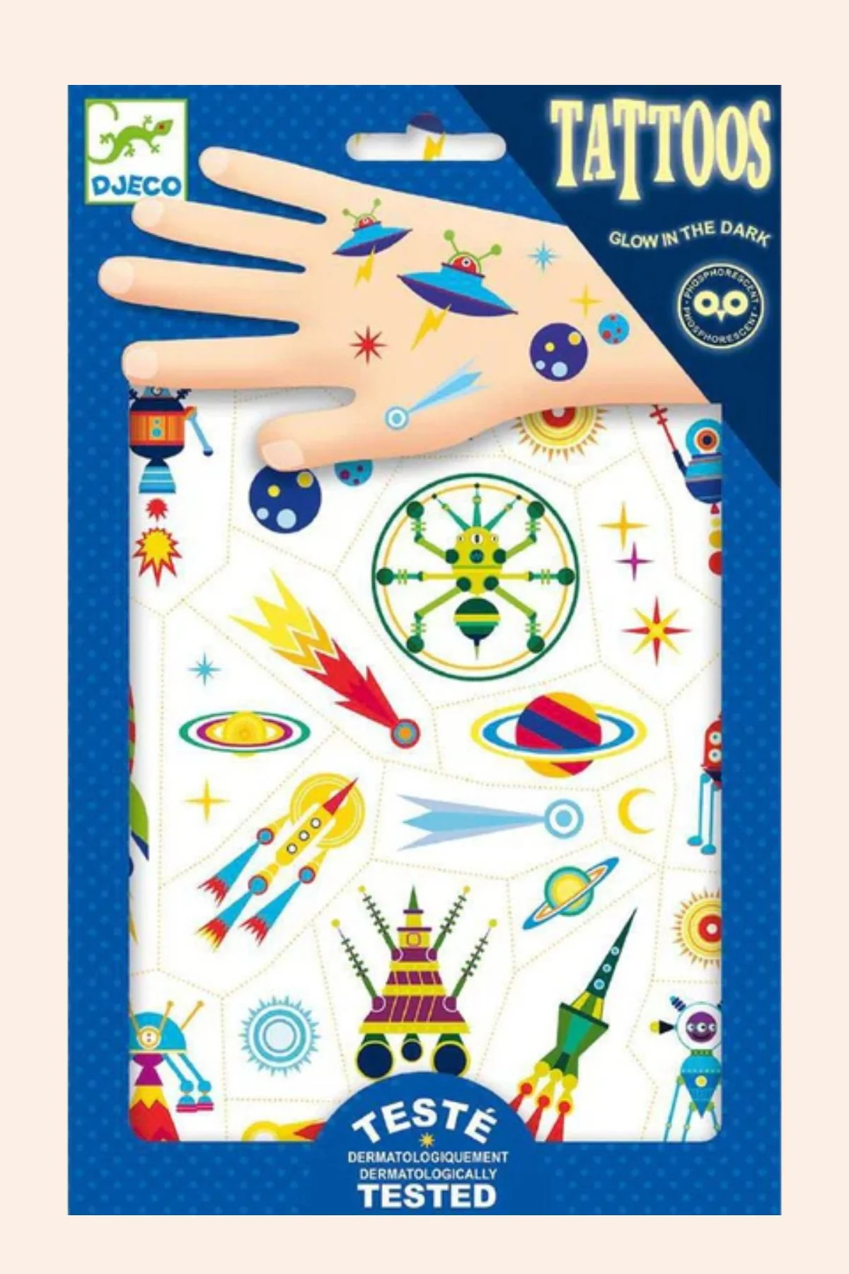 Djeco - 50 Tattoos, Space Oddity - Glow-in-the-dark temporary tattoos