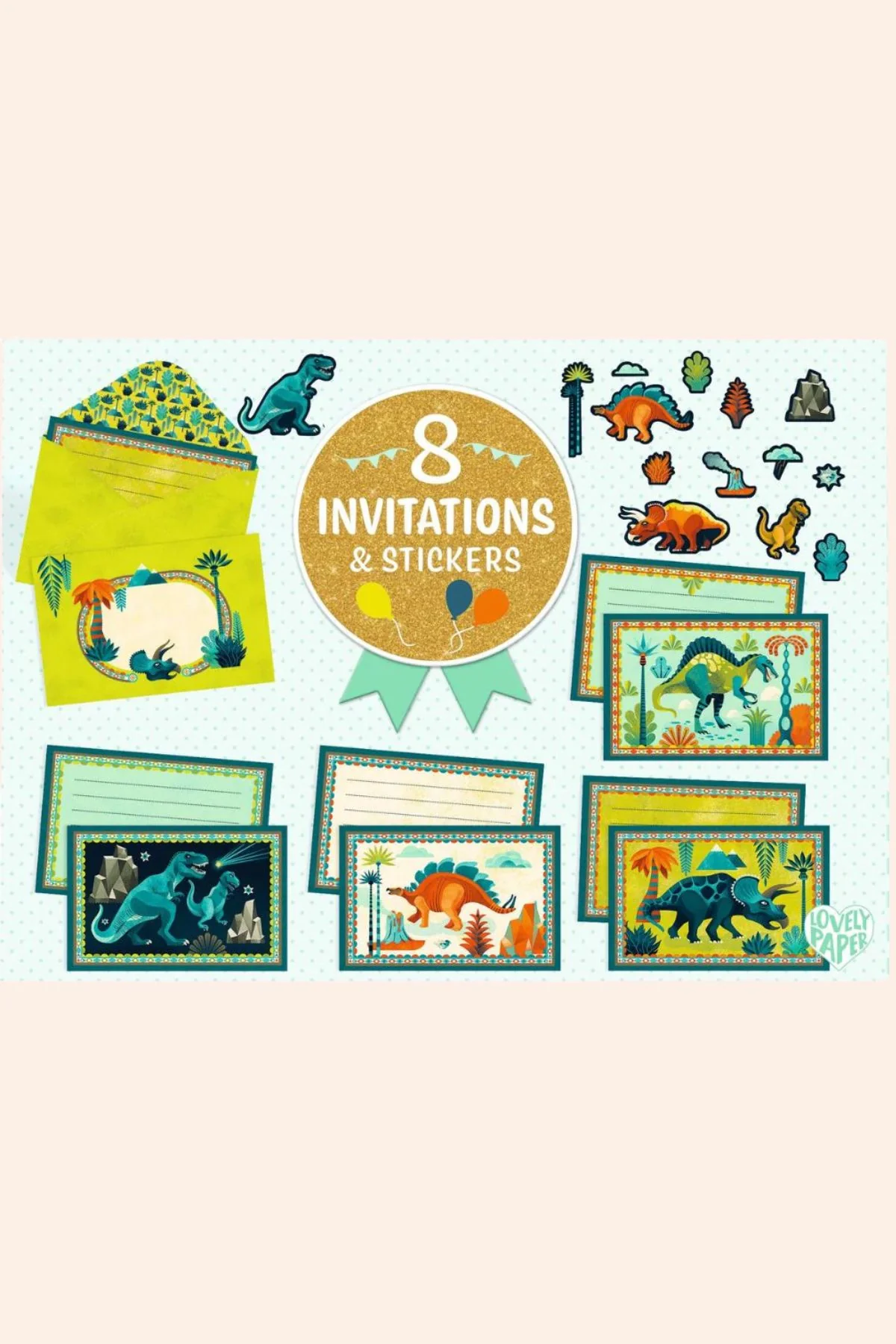 Djeco - 8 Invitations & Stickers - Cric Croc - Dino Rock!